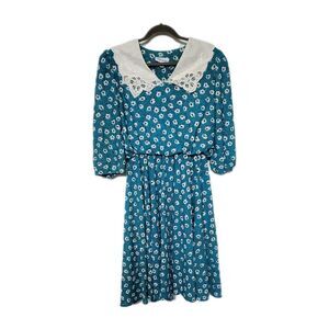 VINTAGE 1980s RICCARDO Maxi Floral Dress Cottage Fairy Shoulder Pads Lace Collar